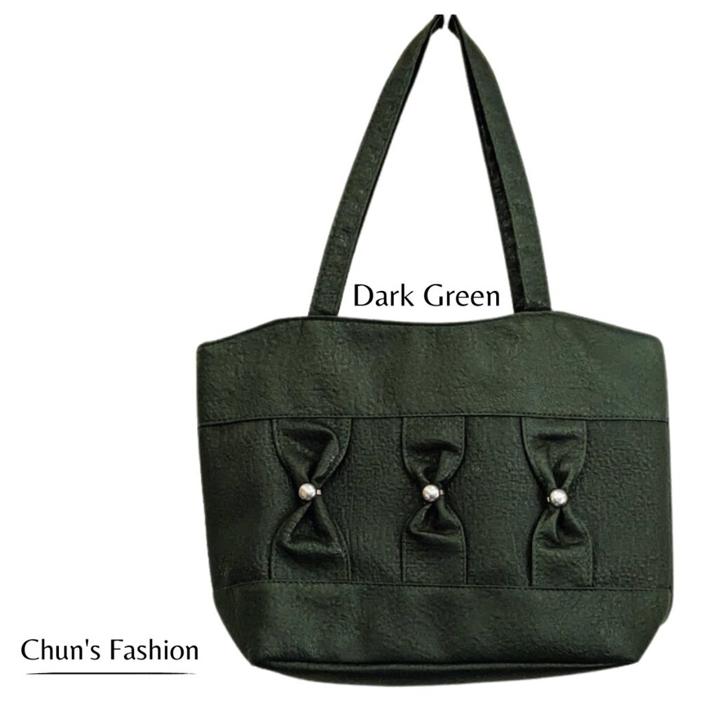 Women Vegan Dark Green Faux Leather Medium Bag w/ Bows & Silver-Toned Studs NWT